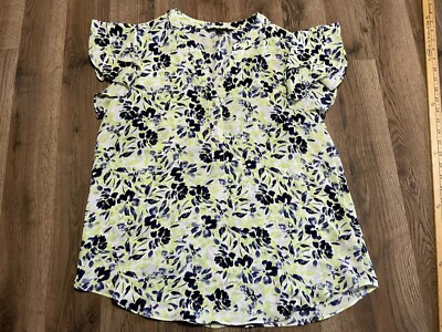 Zac & Rachel Shirt, Women's Size Medium, Yellow Blue, V-neck, Flutter Sleeve