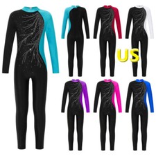 Kids Girls Glitter Dance Unitard Long Sleeve Jumpsuit Sport Gymnastic Leotard