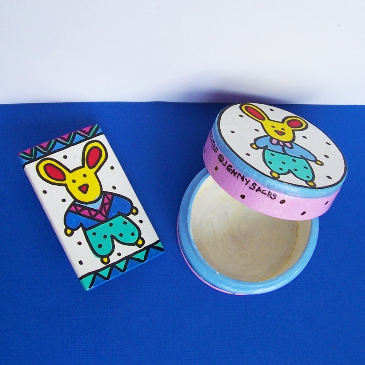 Vintage Hand painted Wooden Pin and Round Trinket Box | eBay