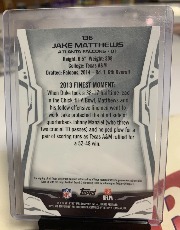 2014 Topps Finest Jake Matthews Refractor RC Auto /35 Atlanta Falcons - Image 2 of 2