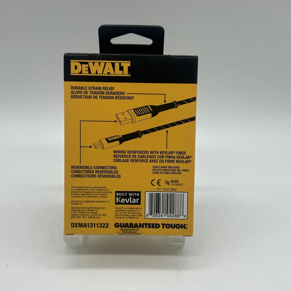 Cabo carregador DeWalt 6 pés 1,8 m micro-USB para USB para Android 6’ cabo de carregamento X - Imagem 2 de 2