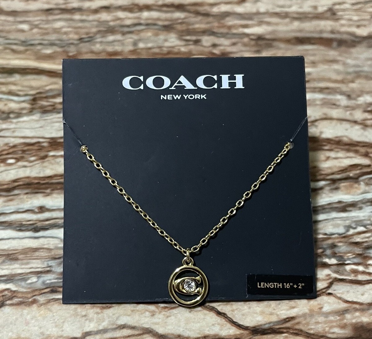 Coach Jewelry Gold Necklace Crystal Round Coach Signature C 