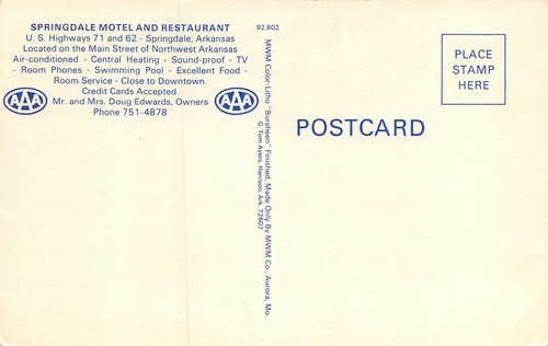 Postal Springdale Motel & Restaurant Multi Vistas Springdale, AR De Colección Años 50 - Imagen 2 de 2