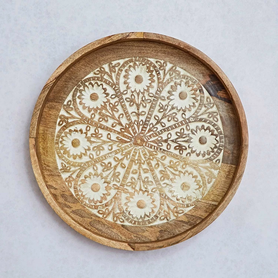 Round Floral Carved Mango Wood Serving Tray - Mandala Decoration - RRP £42.95 - Image 4 of 4