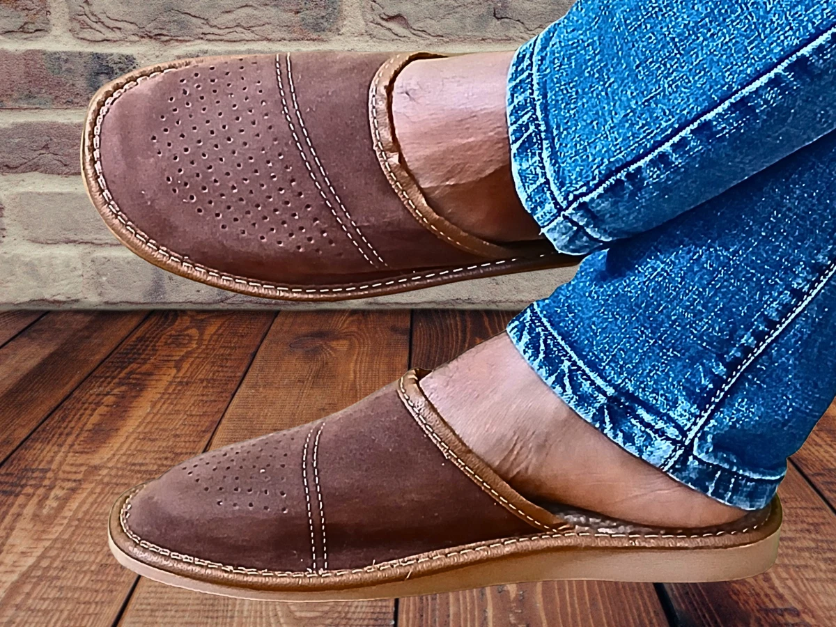 Herren Hausschuhe Leder Pantoffeln Braun Veloursleder Lammwolle Warme Gr. 40-46