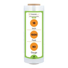 4 Rolls Clear Hand Stretch Wrap, 18 in. x 1500 Ft. x 90 Gauge Shrink Film