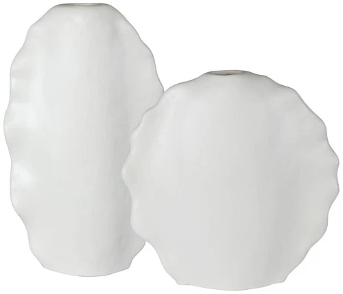 Uttermost Ruffled Matte White Glaze Ceramic Vases Set of 2 - Picture 1 of 3