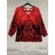 Sundance Red Burnout Velvet Silk Blend Tunic Top PM Romantic Boho Luxe Festival