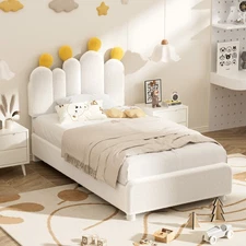 Boucle Upholstered Bed Frame with cactus headboard - platform bed for kids