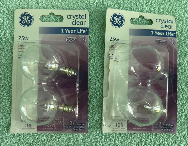 GE crystal clear 25w, Brightness 195 Lumens, 3  G16.5 Candelabra Base Bulbs