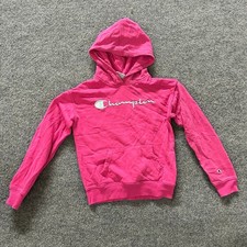 Champion Hoodie Girls Size M 10/12 Pink Script Logo Pullover Sweatshirt