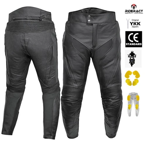 RIDERACT® Mens Leather Motorcycle Pants Black Xventure Motorbike Riding Pant