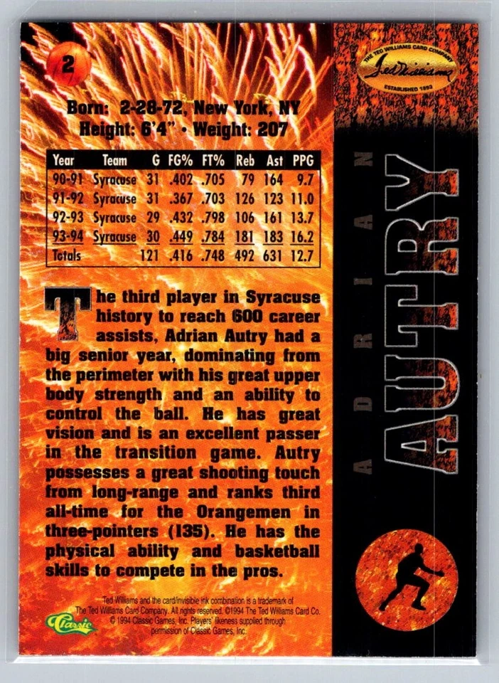 1994 Ted Williams Basketball #2 Adrian Autry - VG - Syracuse Orangemen - Image 2 of 2