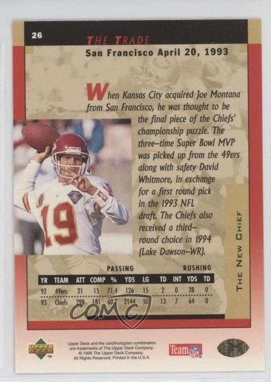 1995 Upper Deck Joe Montana Box Set Joe Montana #26 HOF - Image 2 of 2