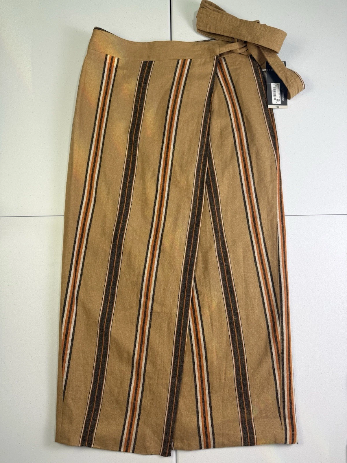 Worthington Long Faux Wrap Skirt Women's Size 2 Lined Tan Stripe Linen Blend NWT