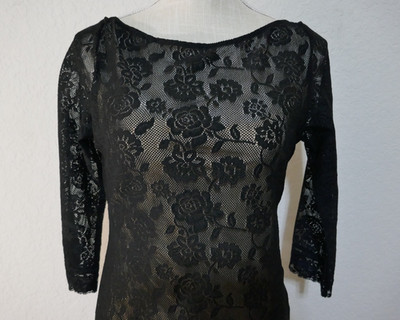 Venus Black Mesh Rose Lace Midi Dress Bare Back 3/4 Sleeve Sheer with Lining S