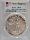 2016 $1 American Silver Eagle PCGS MS70 First Strike 30th Anniversary Toning