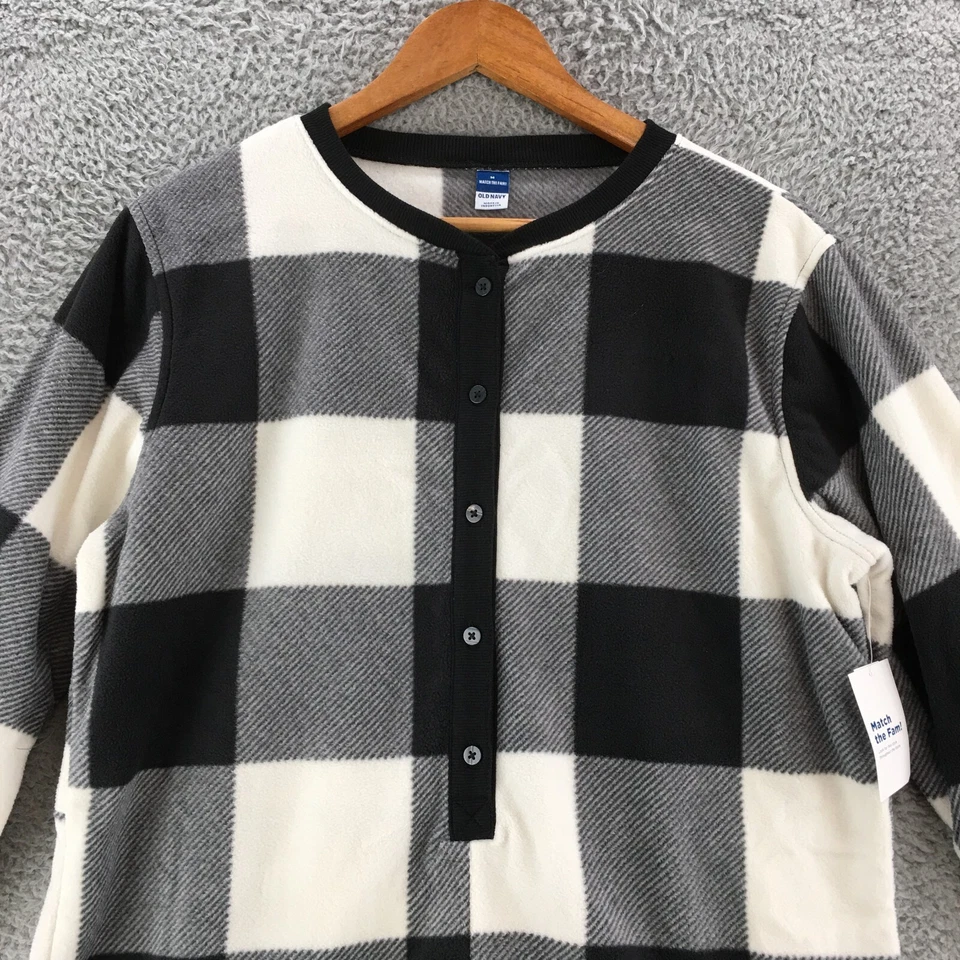 Old Navy Fleece Henley Romper Pajama Womens Medium Black Plaid Long Sleeve NWT - Image 3 of 4