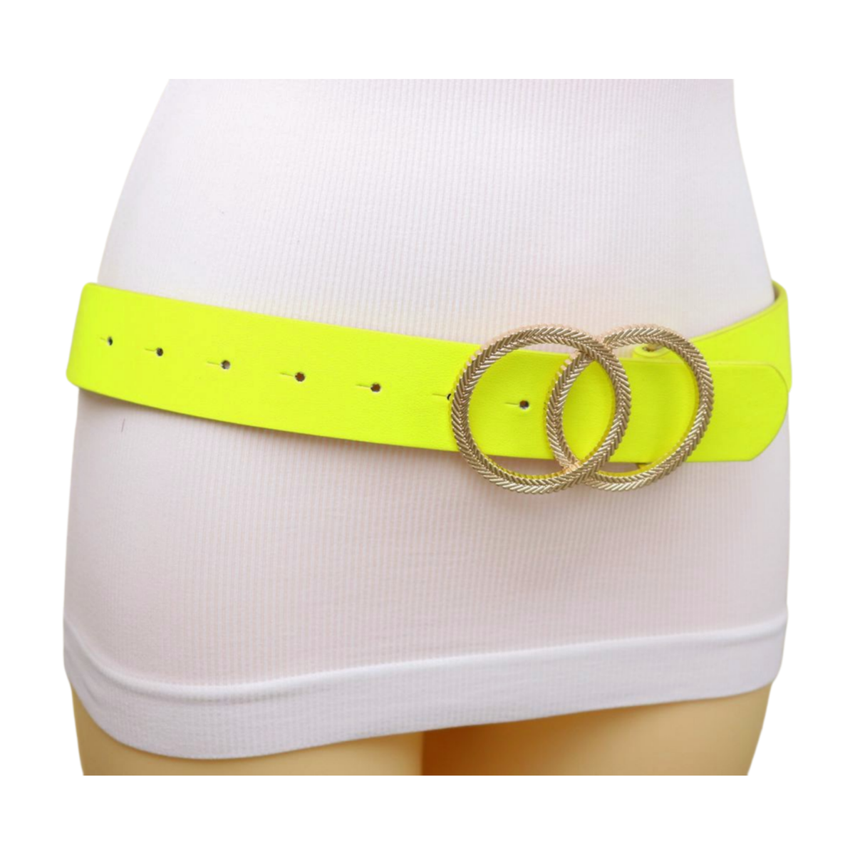 Women Neon Bright Yellow Faux Leather Belt Round Gold Metal Circle