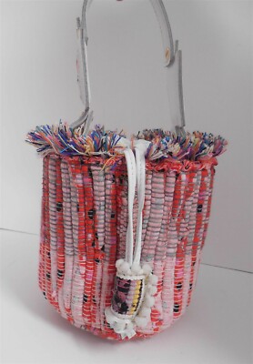Kooreloo Multi Tweed Knit White Leather Fringe Small Bucket Bag