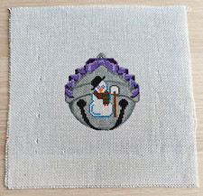 Handpainted Needlepoint Canvas: SNOWMAN SILVER BELL Purple Ribbon Christmas