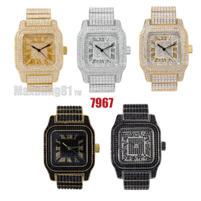 Men Iced Face Watch Simulated Diamond Gold Plated Stainless Steel Square Hip Hop