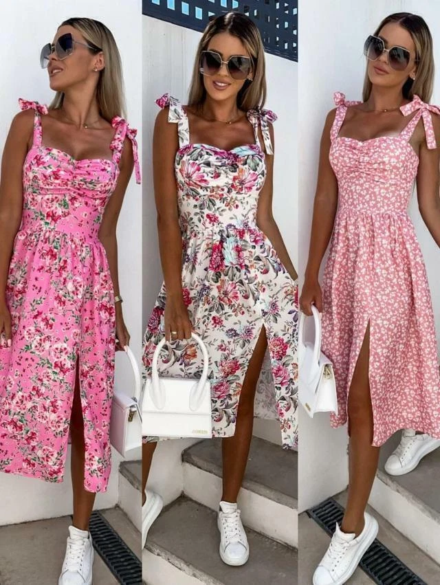 Sundresses for Women Casual Summer - Beach Dresses for Women Casual Summer  Sleeveless Knee Length Midi Dress Boho Floral Strappy Halter Neck Tunic  Dress 