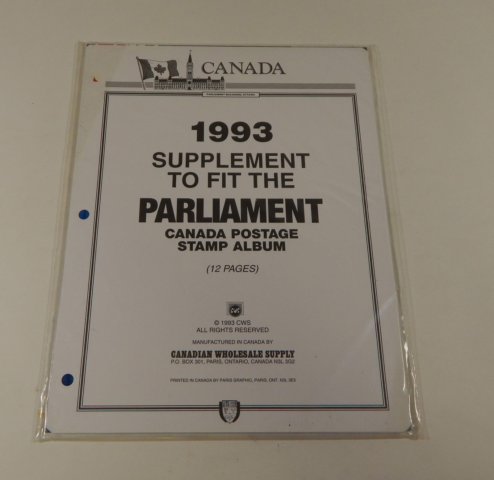 Canadian Wholesale Supply Parliament Canada Stamp Album Supplement 1993