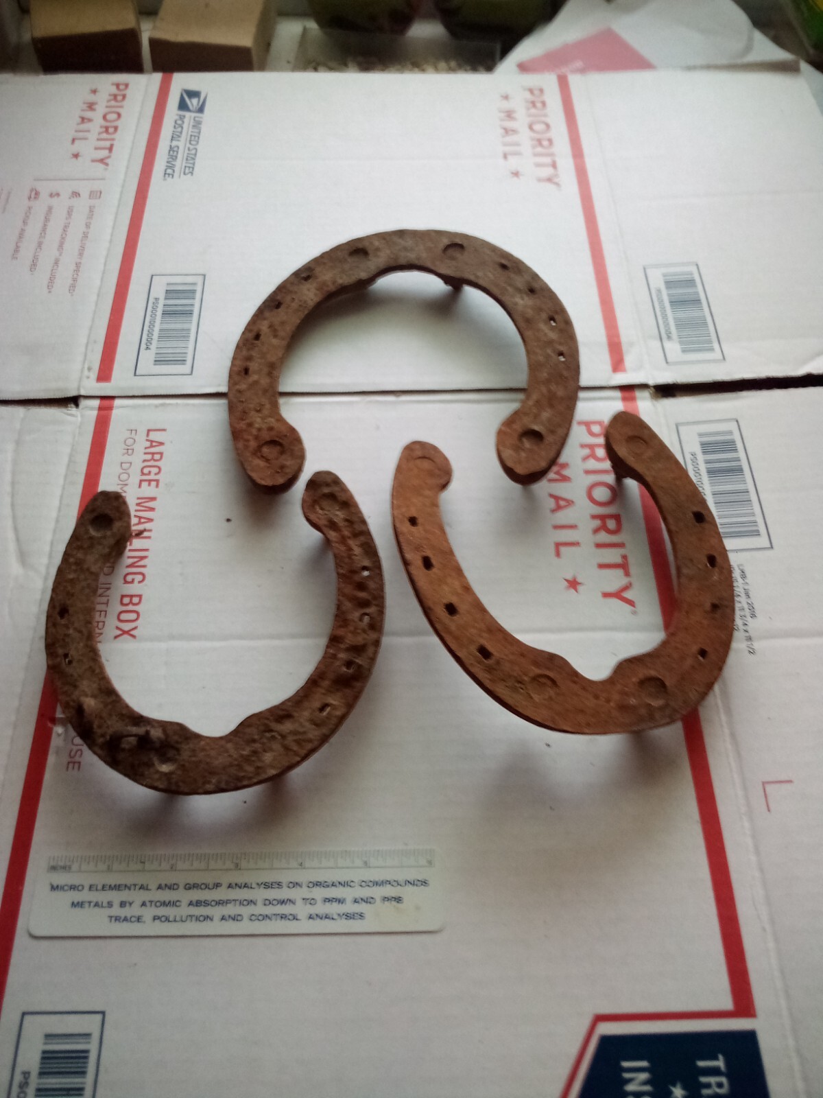 Antique Old Primitive Rusty Iron Horseshoes Lot 3 / Cleats for Ice