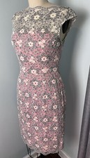 NWT Maggy London Dress Ivory Floral Lace Pink White Illusion Sheath Scallop 8