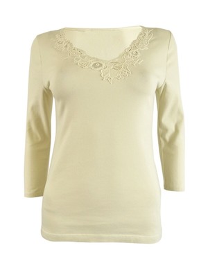 Lauren Ralph Lauren Women's Lace-Trim Stretch Cotton Top (M, Winter Cream)