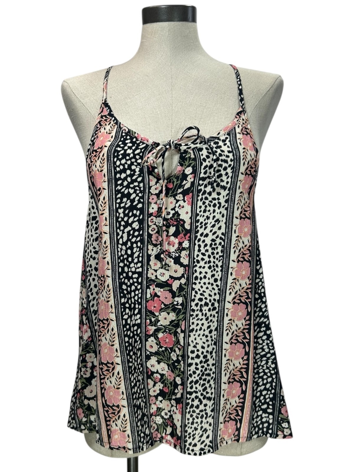 BILLABONG Day Tripper Tank Top Sz M Black Floral Animal Print Keyhole Racerback