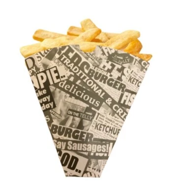 BRITISH FOOD SHOP 100 Chip Cone Scoop Newspaper News Print Cardboard Fish n Chip Takeaway Cones