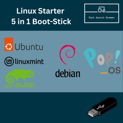 5-in-1 Linux Starter Boot Stick    Ubuntu 25.10, Mint, Pop!_OS, Debian, openSUSE