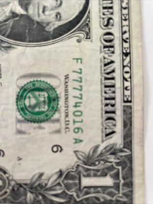 FANCY LUCKY 7777 SERIAL NUMBER ONE DOLLAR BILL 4 In A Row Nice