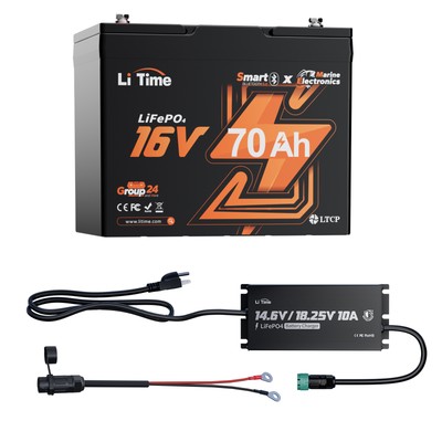 LiTime 16V 70Ah Bluetooth LiFePO4 Lithium Battery+10A Charger For Fish Finder