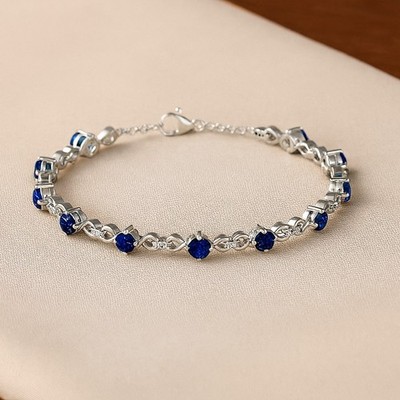 925 Sterling Silber Infinity Tennisarmband Round Blau Saphir Diamant #1005