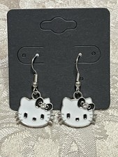 Sanrio Hello Kitty Crystal Bow Enamel Charm Silver Drop Dangle Fun Earring Set