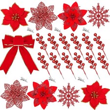 37 Pcs Christmas Glitter Poinsettia Flowers Artificial Berry Picks Christmas ...