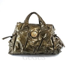 Gucci Heritage Patent Tote Bag Khaki with Gold Hardware Used Official