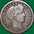 1913-S Barber Dime Choice Very Good VG+ Coin, Scratched #35519