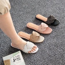 Women's Rhinestone Slip-On Comfort Flat Sandals - Black, Beige, White, Pink