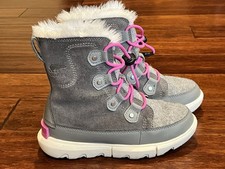 Sorel Explorer Gray Pink Boys Girls 3 Faux Fur Lined Waterproof Lace Up Boots