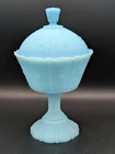 VTG FENTON Blue Satin Milk Glass Lidded Wild Strawberry Candy Dish 8.75" Tall