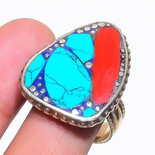 Turquoise Red Coral Gemstone Ring Handmade Tibetan Nepali Jewelry 11" NR 3431