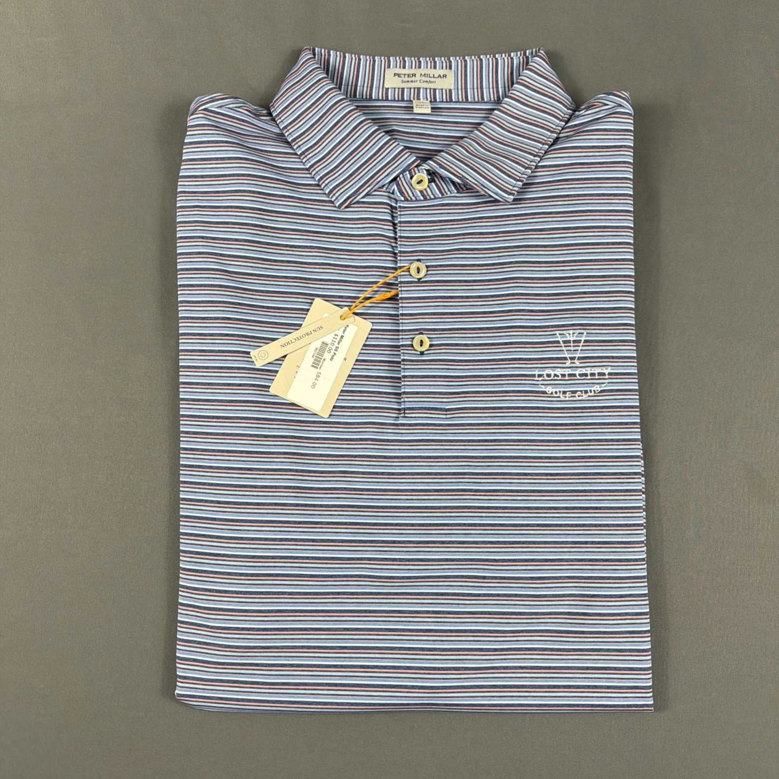 Peter Millar Golf Shirt Polo CS Summer Comfort Chest Logo Striped XL MC SNV $110