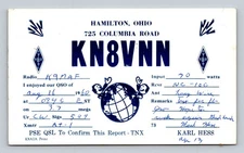 Ham Radio QSL KN8VNN Hamilton Ohio 1960 CW 3.7 MHz Globe Logo