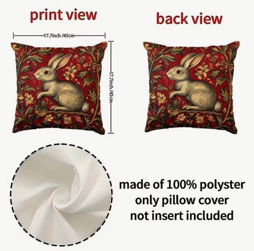 Pillow Cover William Morris Style RABBIT 2-Sided 18 x 18 - Picture 2 of 3