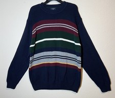 Vintage Grandpa Sweater Men Large Blue Stripe Knit Crewneck 100 Cotton Y2K NWT