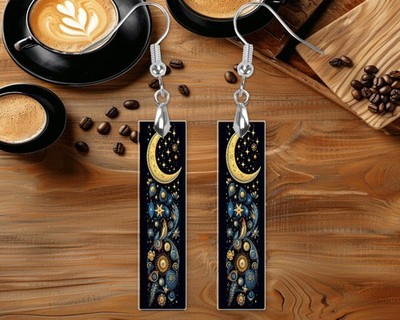Blue Medallion Moon Earrings Print Wood Bar Printed Earrings Jewelry